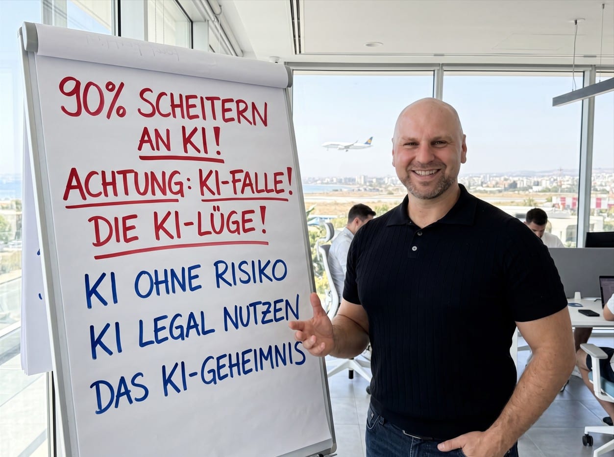 Karl Pusch am Flipchart: 90 % scheitern an KI, Achtung KI-Falle, die KI-Lüge — KI ohne Risiko, KI legal nutzen, das KI-Geheimnis